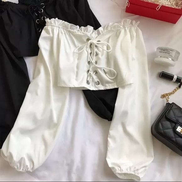 Off shoulder crop top blouse sexy lace up white tie womens shirt - Picture 5 of 6